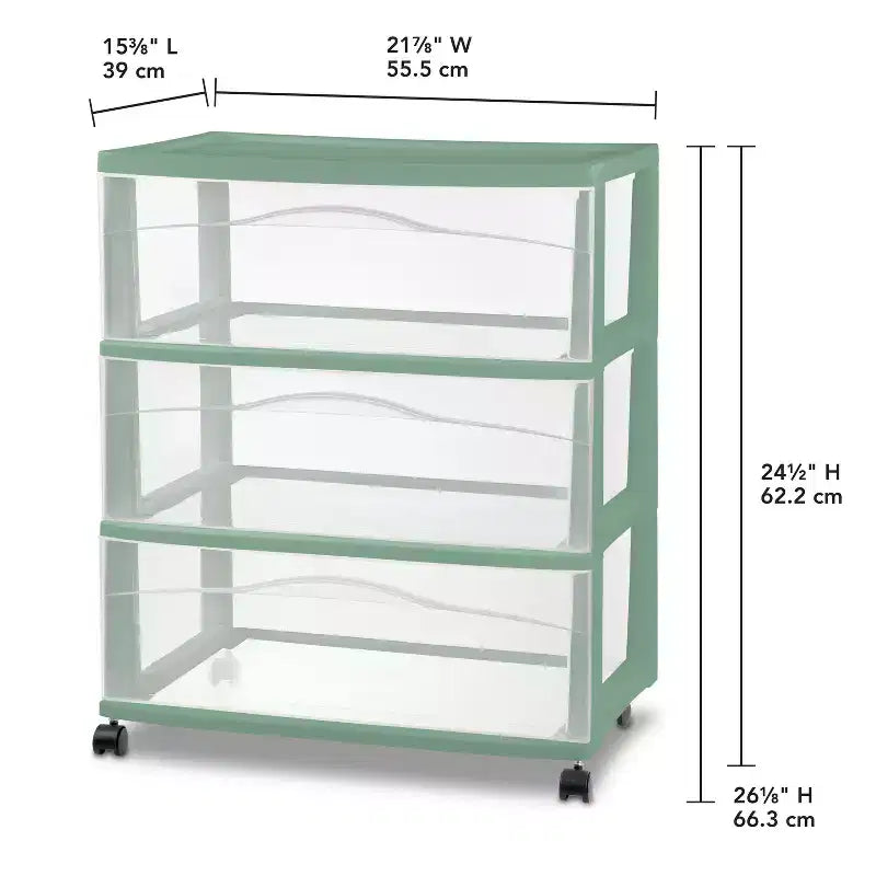 3-Drawer Wide Storage Cart, Versatile Green, Stackable Organizer for Home & Office