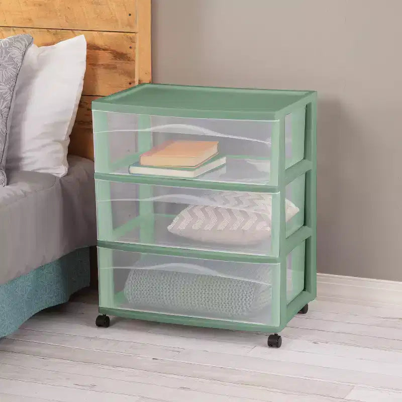 3-Drawer Wide Storage Cart, Versatile Green, Stackable Organizer for Home & Office