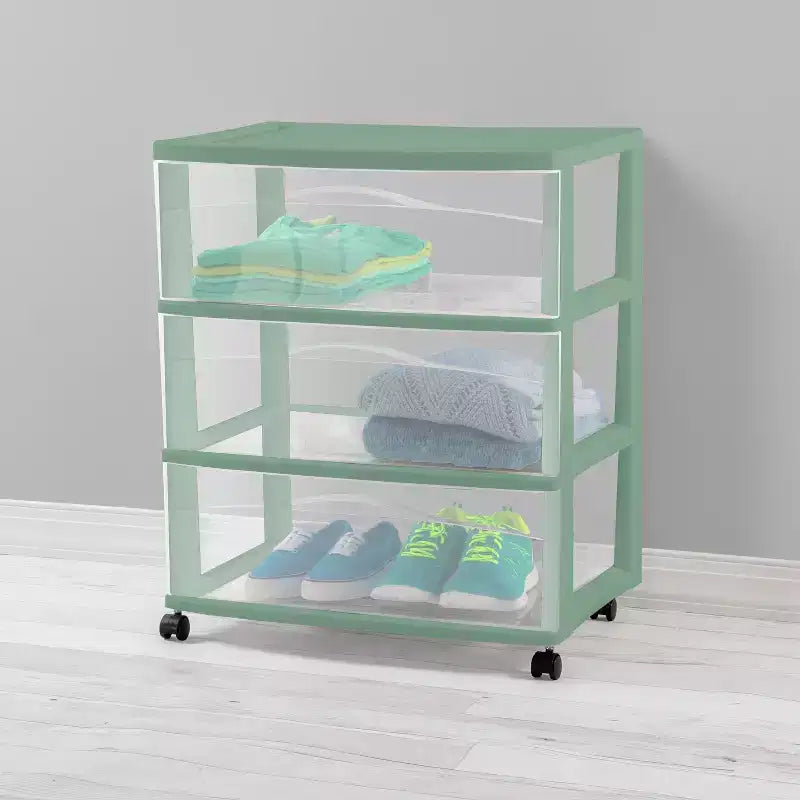 3-Drawer Wide Storage Cart, Versatile Green, Stackable Organizer for Home & Office