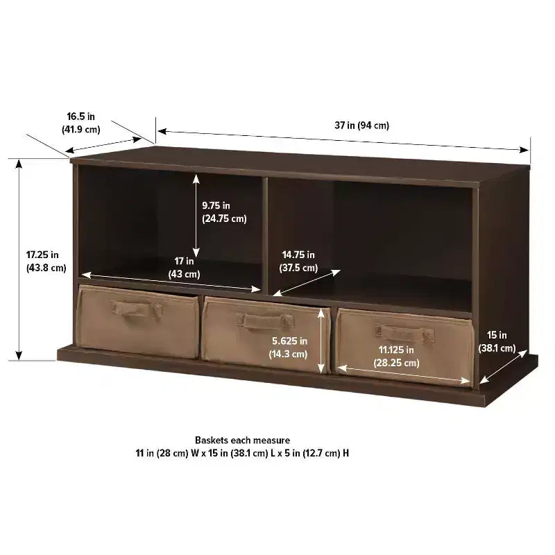 Stackable Shelf Storage Cubby with 3 Baskets, Espresso, Modular Home Organizer