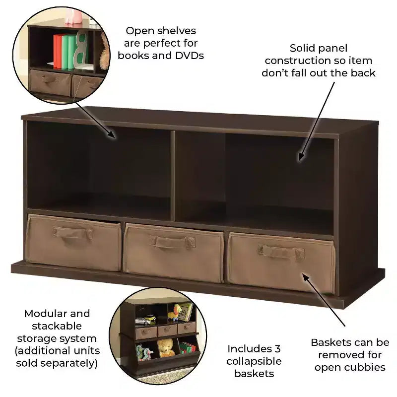 Stackable Shelf Storage Cubby with 3 Baskets, Espresso, Modular Home Organizer