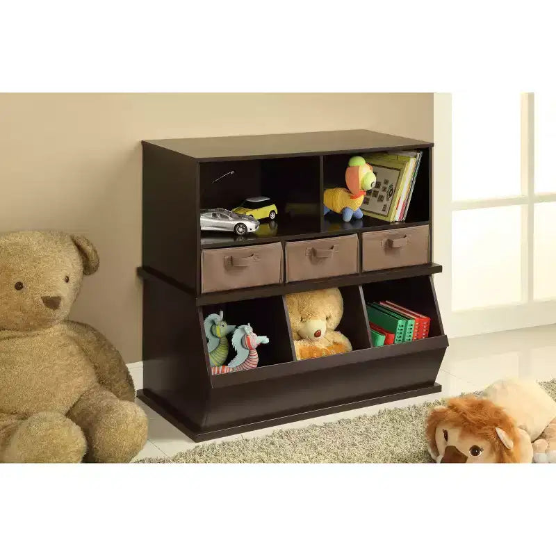 Stackable Shelf Storage Cubby with 3 Baskets, Espresso, Modular Home Organizer
