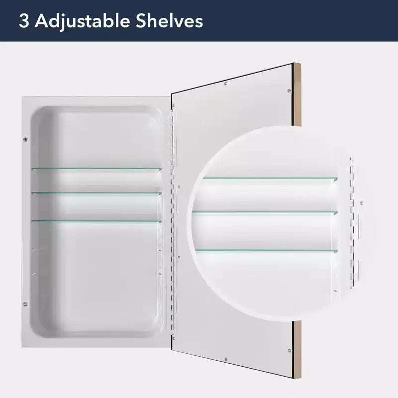16"x26" Brushed Gold Recessed Medicine Cabinet with Beveled Mirror, 3 Shelves, Wall Mount