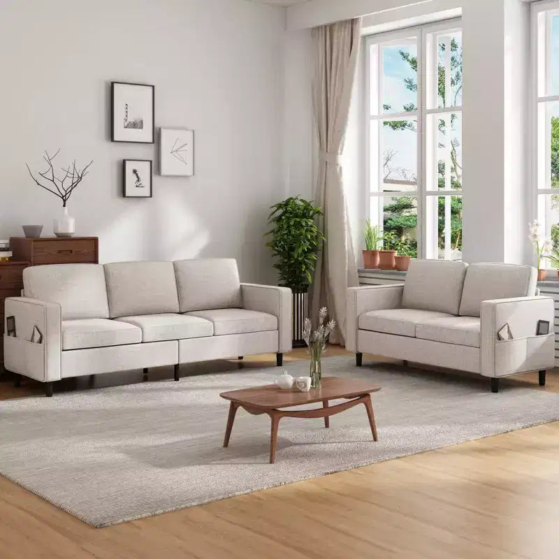 3-Piece Convertible Sectional Sofa Set, Linen 3-Seater & Loveseat with Side Pocket & Ottoman
