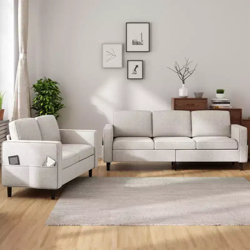3-Piece Convertible Sectional Sofa Set, Linen 3-Seater & Loveseat with Side Pocket & Ottoman