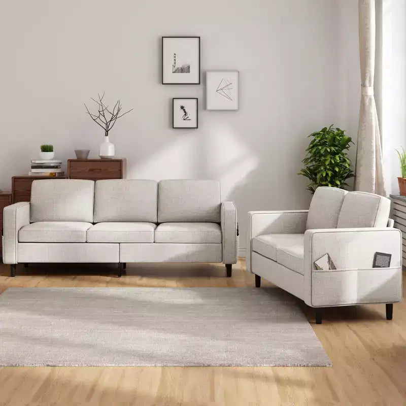 3-Piece Convertible Sectional Sofa Set, Linen 3-Seater & Loveseat with Side Pocket & Ottoman