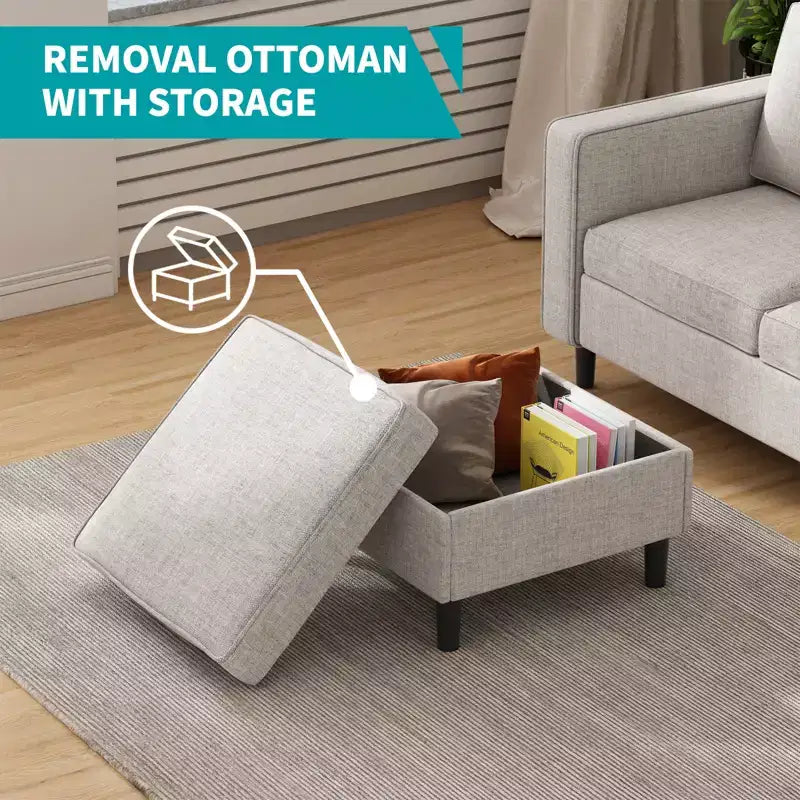3-Piece Convertible Sectional Sofa Set, Linen 3-Seater & Loveseat with Side Pocket & Ottoman