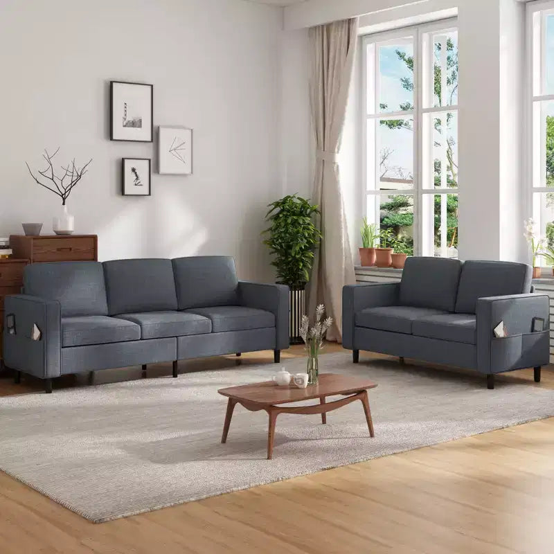 3-Piece Convertible Sectional Sofa Set, Linen 3-Seater & Loveseat with Side Pocket & Ottoman