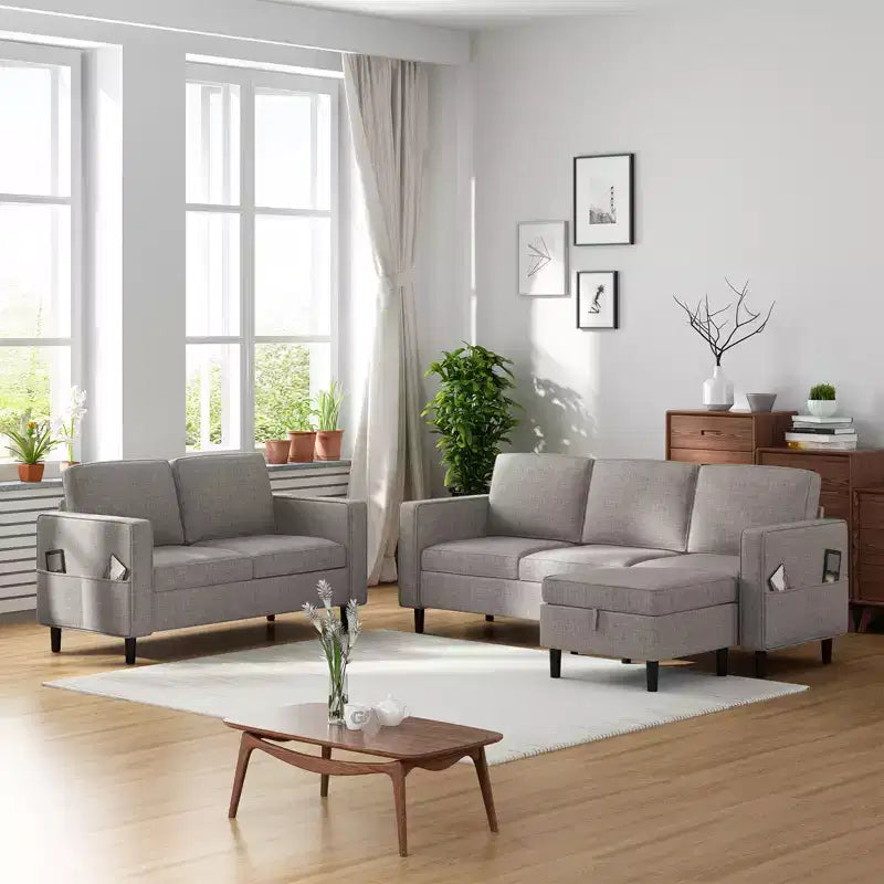 3-Piece Convertible Sectional Sofa Set, Linen 3-Seater & Loveseat with Side Pocket & Ottoman