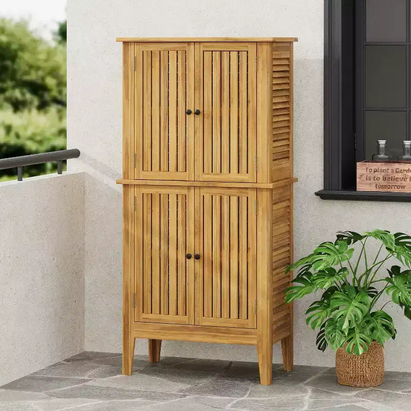 Indoor/Outdoor Acacia Wood Storage Cabinet with Shelves and Louvered Doors, 61.8"H