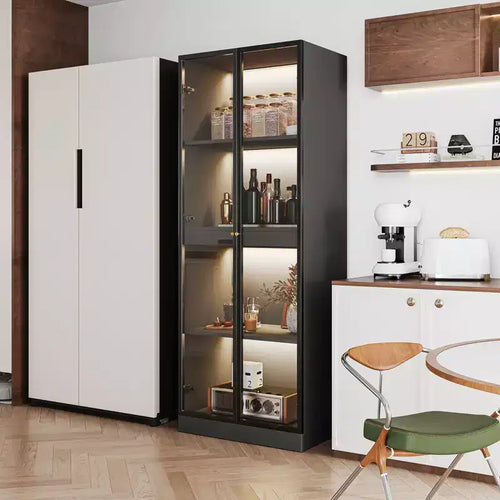 ATJafurn 23.6'' Black Glass Display China Cabinet With Pull-Out Bar Shelf, Dining Cabinet With Glass Doors and Wireless LED Light
