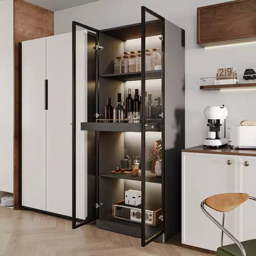 23.6" Black Glass Display China Cabinet with Pull-Out Bar Shelf & Wireless LED Light