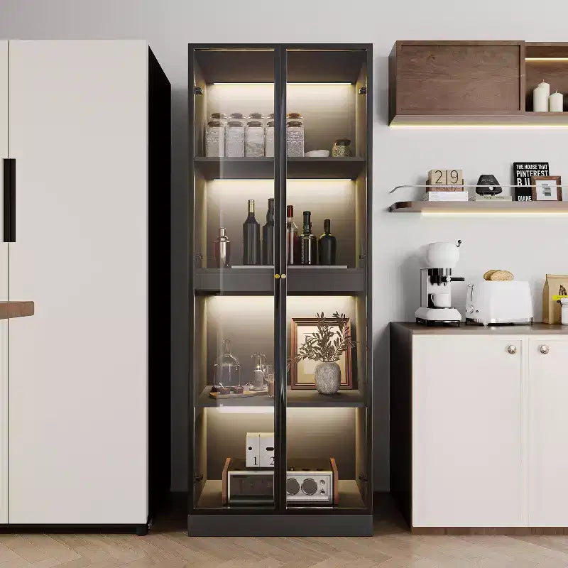 23.6" Black Glass Display China Cabinet with Pull-Out Bar Shelf & Wireless LED Light