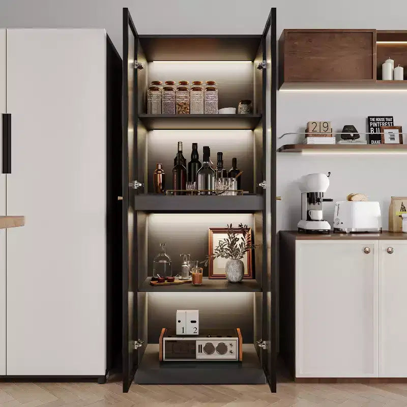 23.6" Black Glass Display China Cabinet with Pull-Out Bar Shelf & Wireless LED Light