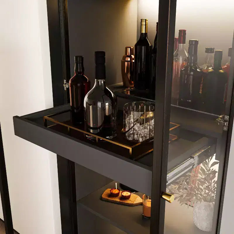 23.6" Black Glass Display China Cabinet with Pull-Out Bar Shelf & Wireless LED Light