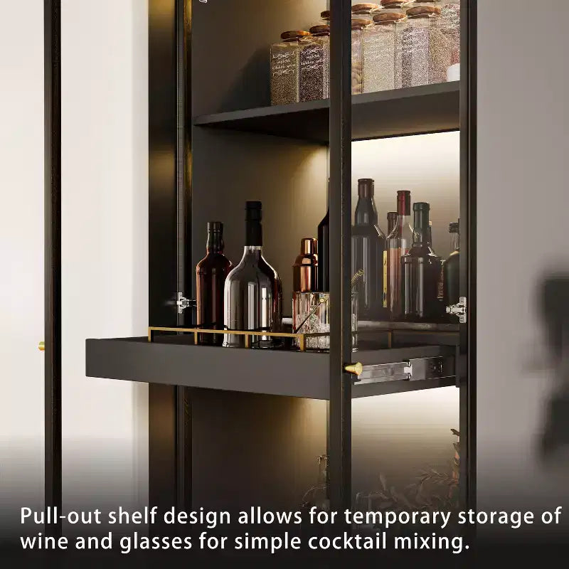 Vitrine noire en verre de 59,9 cm avec étagère de bar coulissante et éclairage LED sans fil