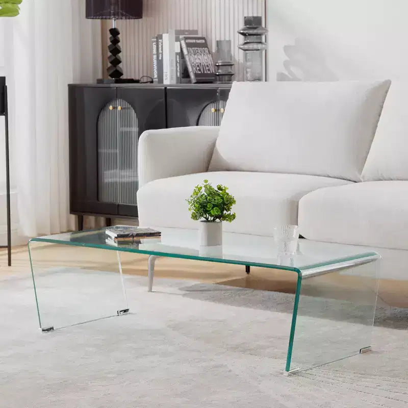 47.2" V-Shape One-Piece Tempered Glass Coffee Table with 4 Metal Leg Mats, 200LBS