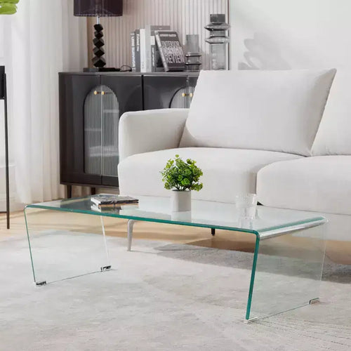 47.2" V-Shape One-Piece Tempered Glass Coffee Table with 4 Metal Leg Mats, 200LBS