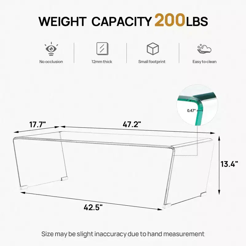 47.2" V-Shape One-Piece Tempered Glass Coffee Table with 4 Metal Leg Mats, 200LBS