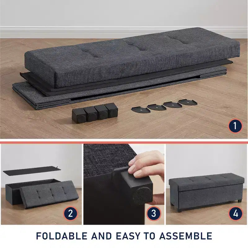Foldable Tufted 43" Linen Bench Storage Ottoman with Legs for Bedroom & Entryway