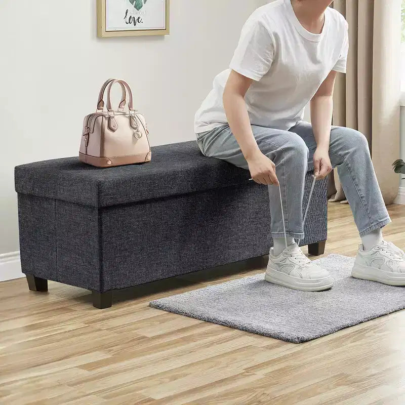 Foldable Tufted 43" Linen Bench Storage Ottoman with Legs for Bedroom & Entryway
