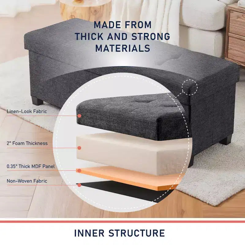 Foldable Tufted 43" Linen Bench Storage Ottoman with Legs for Bedroom & Entryway