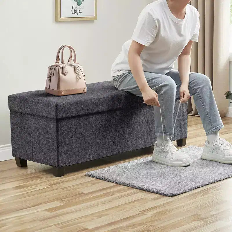 Foldable Tufted 43" Linen Bench Storage Ottoman with Legs for Bedroom & Entryway