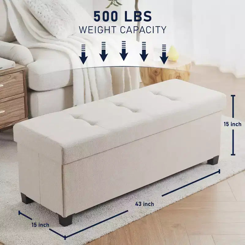 Foldable Tufted 43" Linen Bench Storage Ottoman with Legs for Bedroom & Entryway