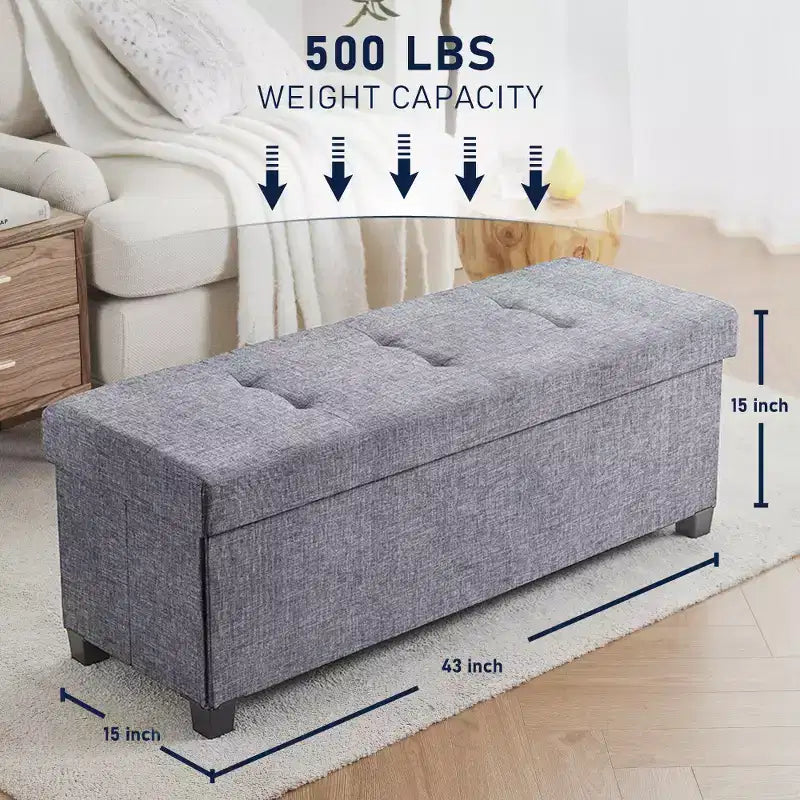 Foldable Tufted 43" Linen Bench Storage Ottoman with Legs for Bedroom & Entryway