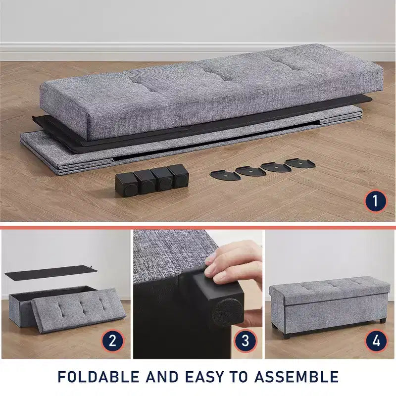 Foldable Tufted 43" Linen Bench Storage Ottoman with Legs for Bedroom & Entryway
