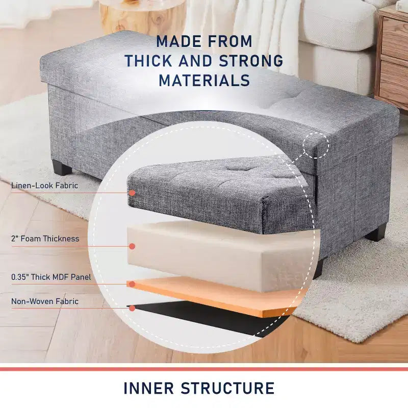 Foldable Tufted 43" Linen Bench Storage Ottoman with Legs for Bedroom & Entryway