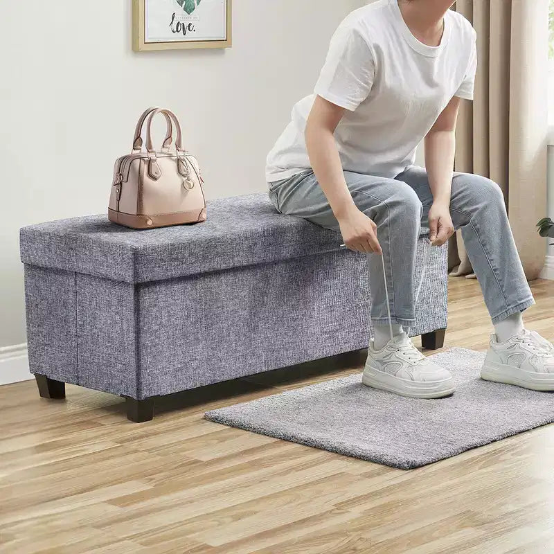 Foldable Tufted 43" Linen Bench Storage Ottoman with Legs for Bedroom & Entryway