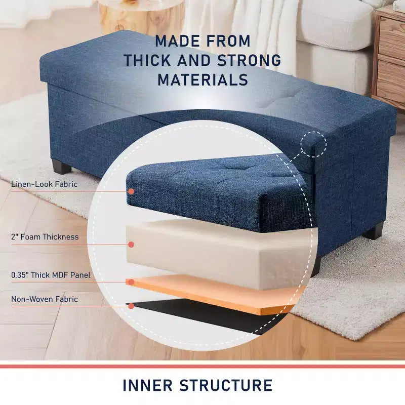 Foldable Tufted 43" Linen Bench Storage Ottoman with Legs for Bedroom & Entryway