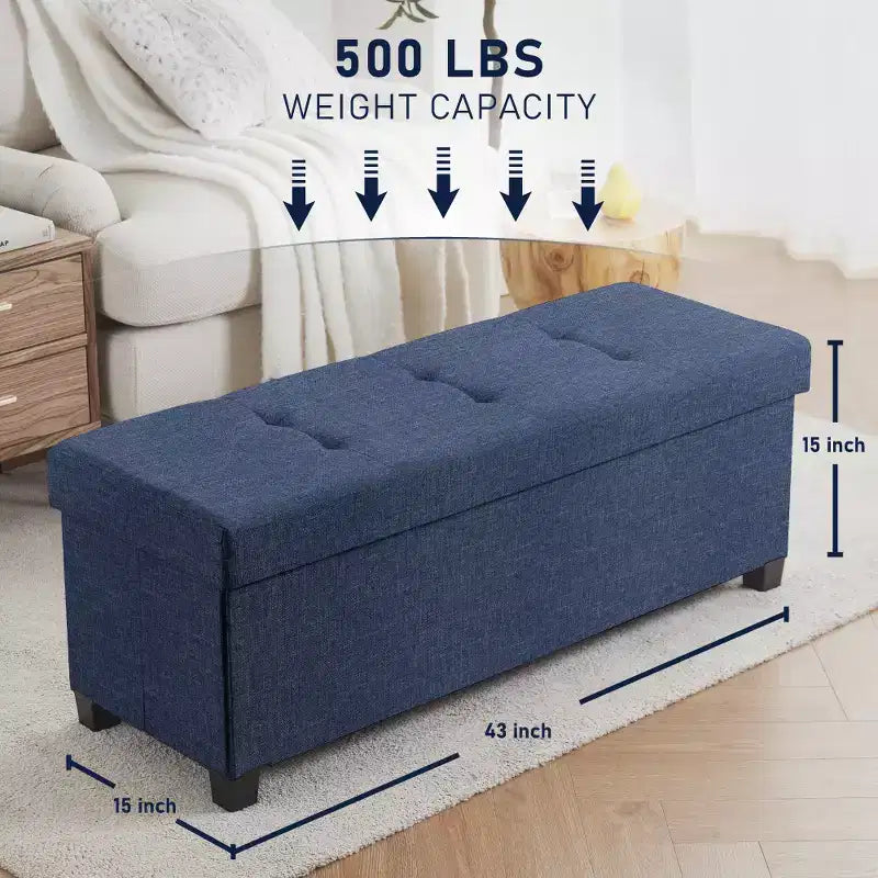 Foldable Tufted 43" Linen Bench Storage Ottoman with Legs for Bedroom & Entryway