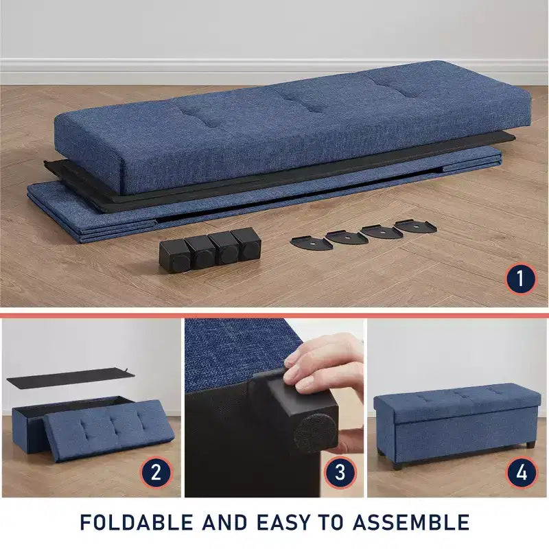 Foldable Tufted 43" Linen Bench Storage Ottoman with Legs for Bedroom & Entryway