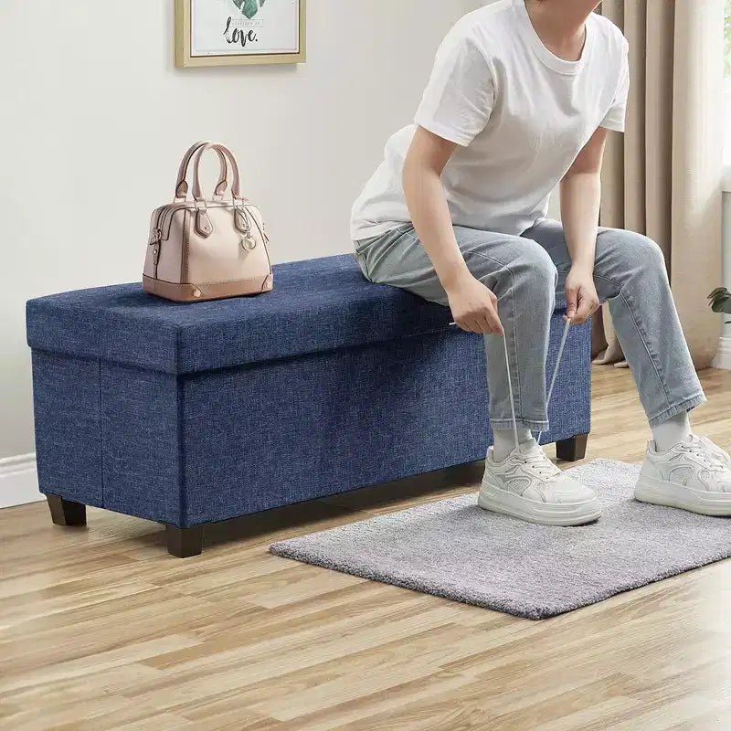 Foldable Tufted 43" Linen Bench Storage Ottoman with Legs for Bedroom & Entryway