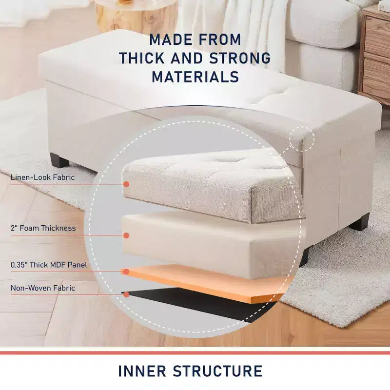 Foldable Tufted 43" Linen Bench Storage Ottoman with Legs for Bedroom & Entryway
