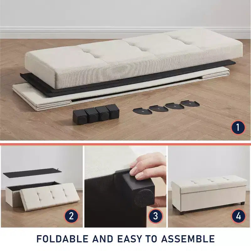 Foldable Tufted 43" Linen Bench Storage Ottoman with Legs for Bedroom & Entryway