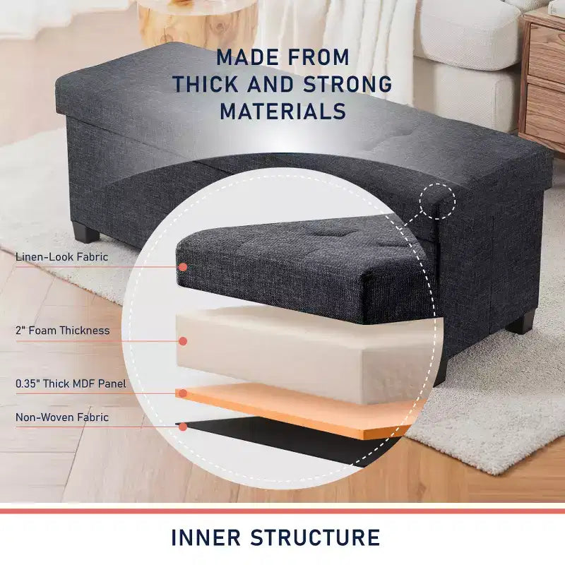 Foldable Tufted 43" Linen Bench Storage Ottoman with Legs for Bedroom & Entryway
