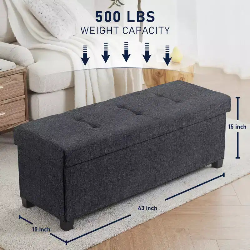 Foldable Tufted 43" Linen Bench Storage Ottoman with Legs for Bedroom & Entryway
