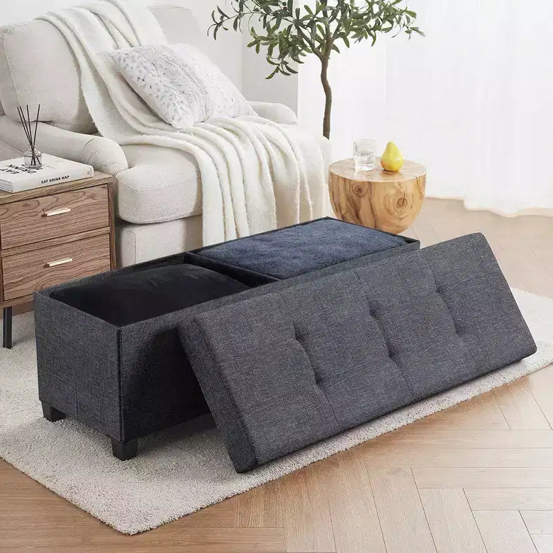 Foldable Tufted 43" Linen Bench Storage Ottoman with Legs for Bedroom & Entryway