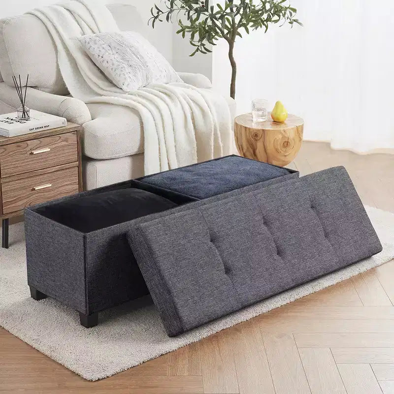 Foldable Tufted 43" Linen Bench Storage Ottoman with Legs for Bedroom & Entryway