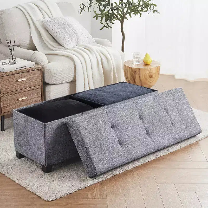 Foldable Tufted 43" Linen Bench Storage Ottoman with Legs for Bedroom & Entryway