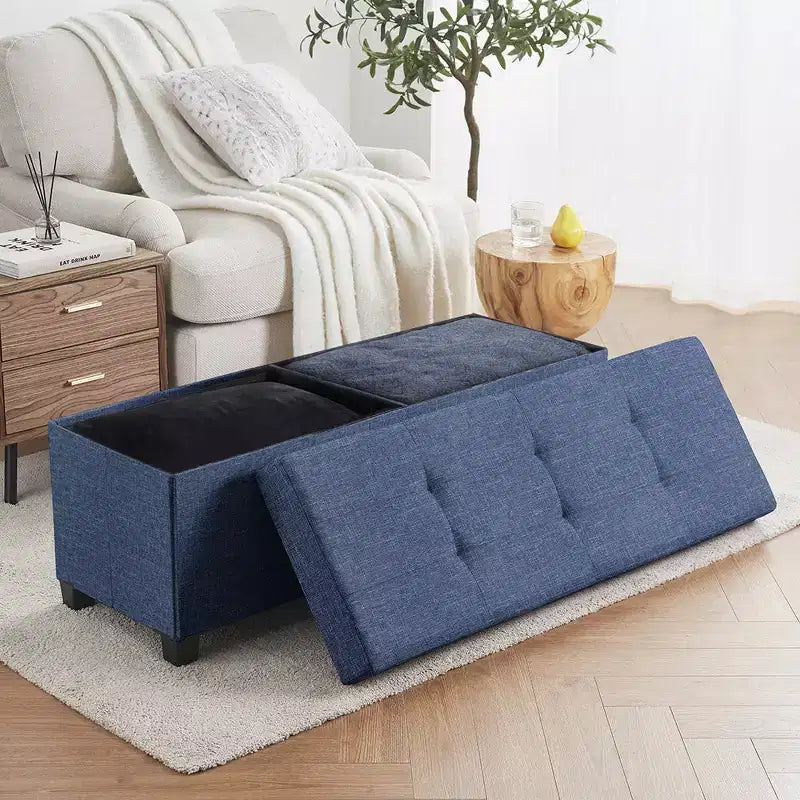 Foldable Tufted 43" Linen Bench Storage Ottoman with Legs for Bedroom & Entryway