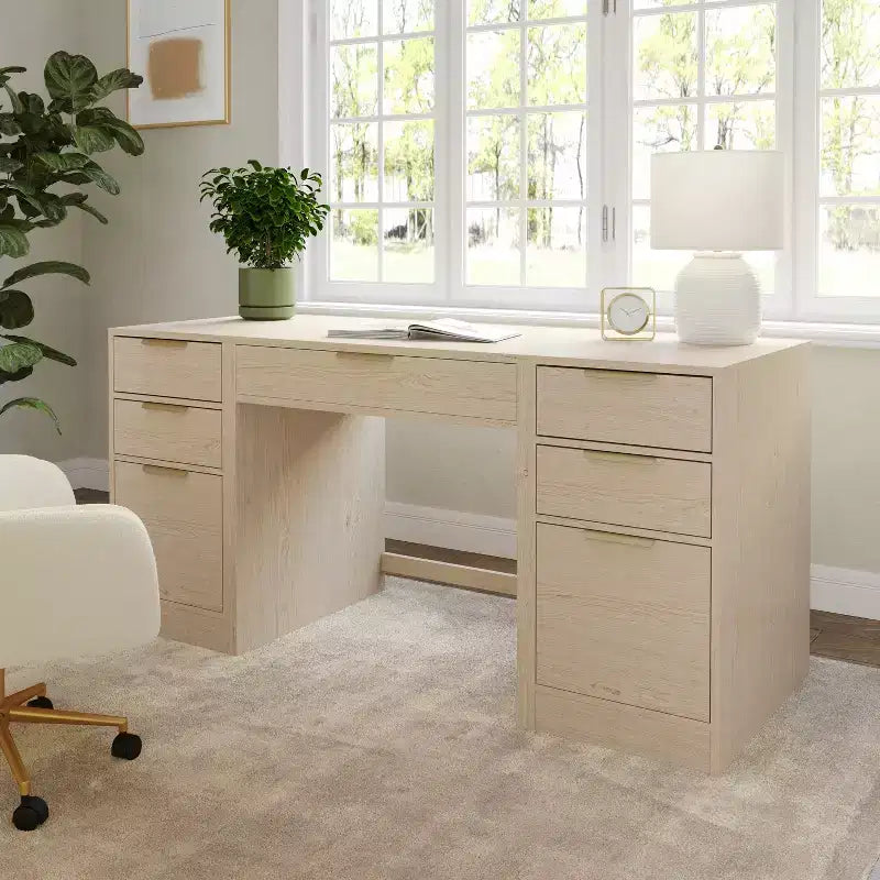 Bureau d'angle modulable avec un tiroir et deux caissons de classement à 3 tiroirs, bois composite