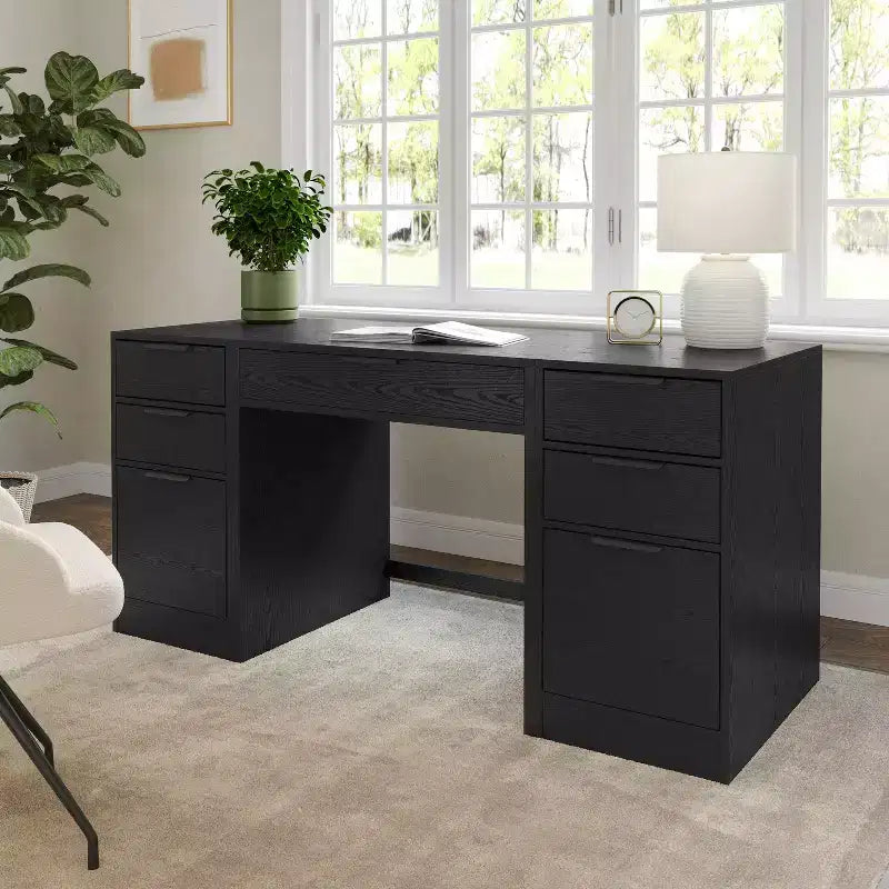 Bureau d'angle modulable avec un tiroir et deux caissons de classement à 3 tiroirs, bois composite
