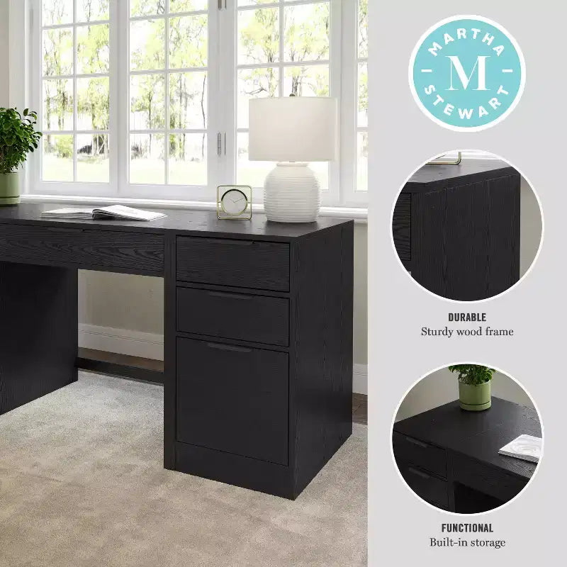 Modular Home Office Desk with Single Drawer & Dual 3-Drawer File Cabinets, Wood Composite