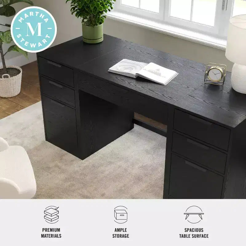 Modular Home Office Desk with Single Drawer & Dual 3-Drawer File Cabinets, Wood Composite