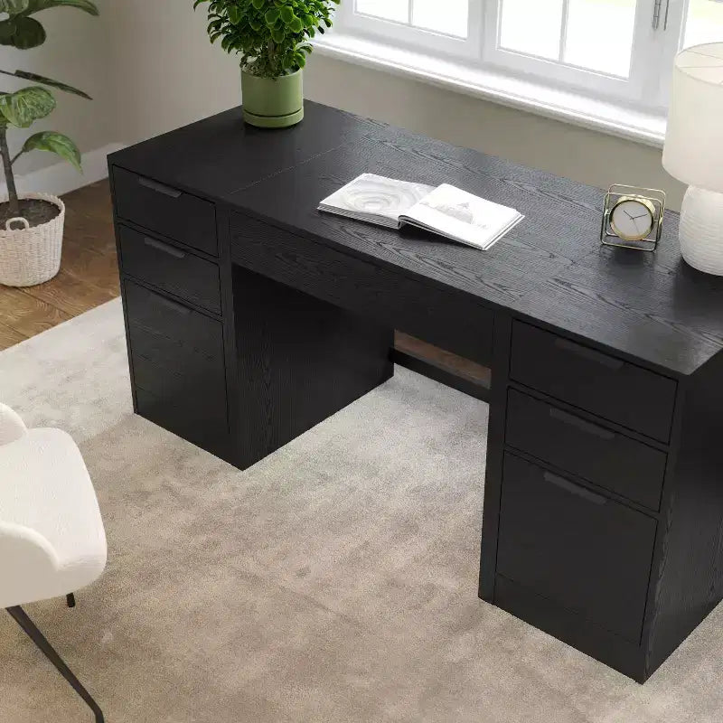 Bureau d'angle modulable avec un tiroir et deux caissons de classement à 3 tiroirs, bois composite