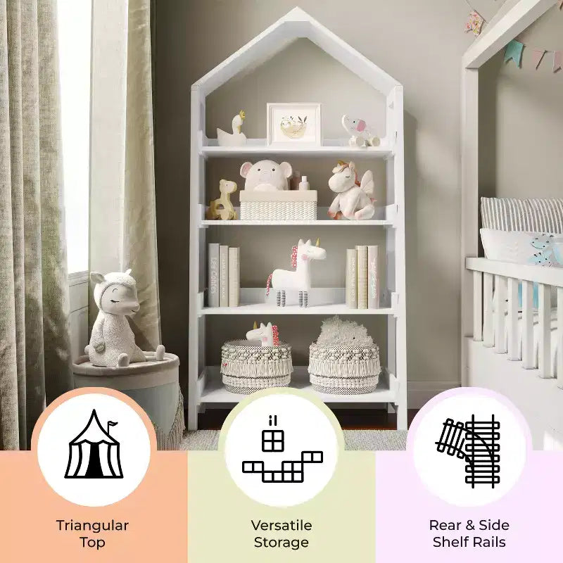 Wood Open Bookshelf with Covered Triangular Top, 4 Shelves and Squared Legs